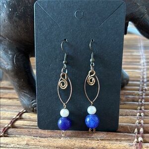 Handcrafted lapis lazuli, moonstone artisan-style wire-wrapped dangle earrings